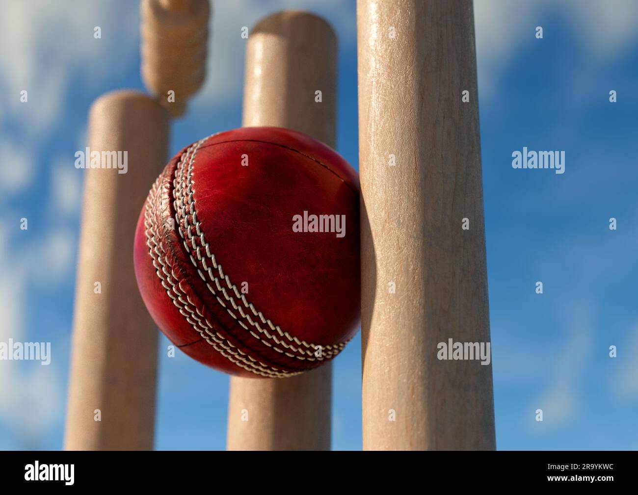 Ein roter Cricket-Ball mit Holzkricket-Wickets mit beweglichen Grillen am Tageshimmel – 3D-Rendering Stockfoto