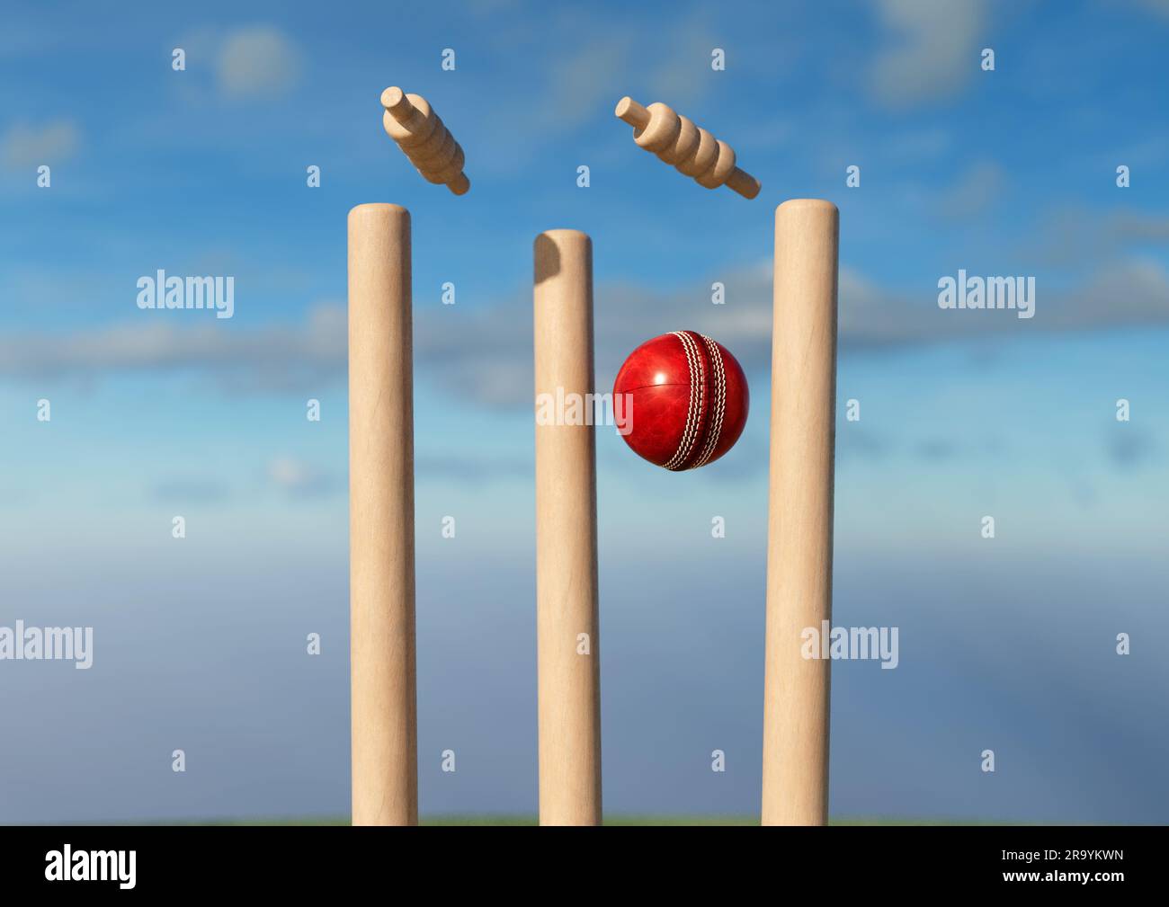 Ein roter Cricket-Ball mit Holzkricket-Wickets mit beweglichen Grillen am Tageshimmel – 3D-Rendering Stockfoto