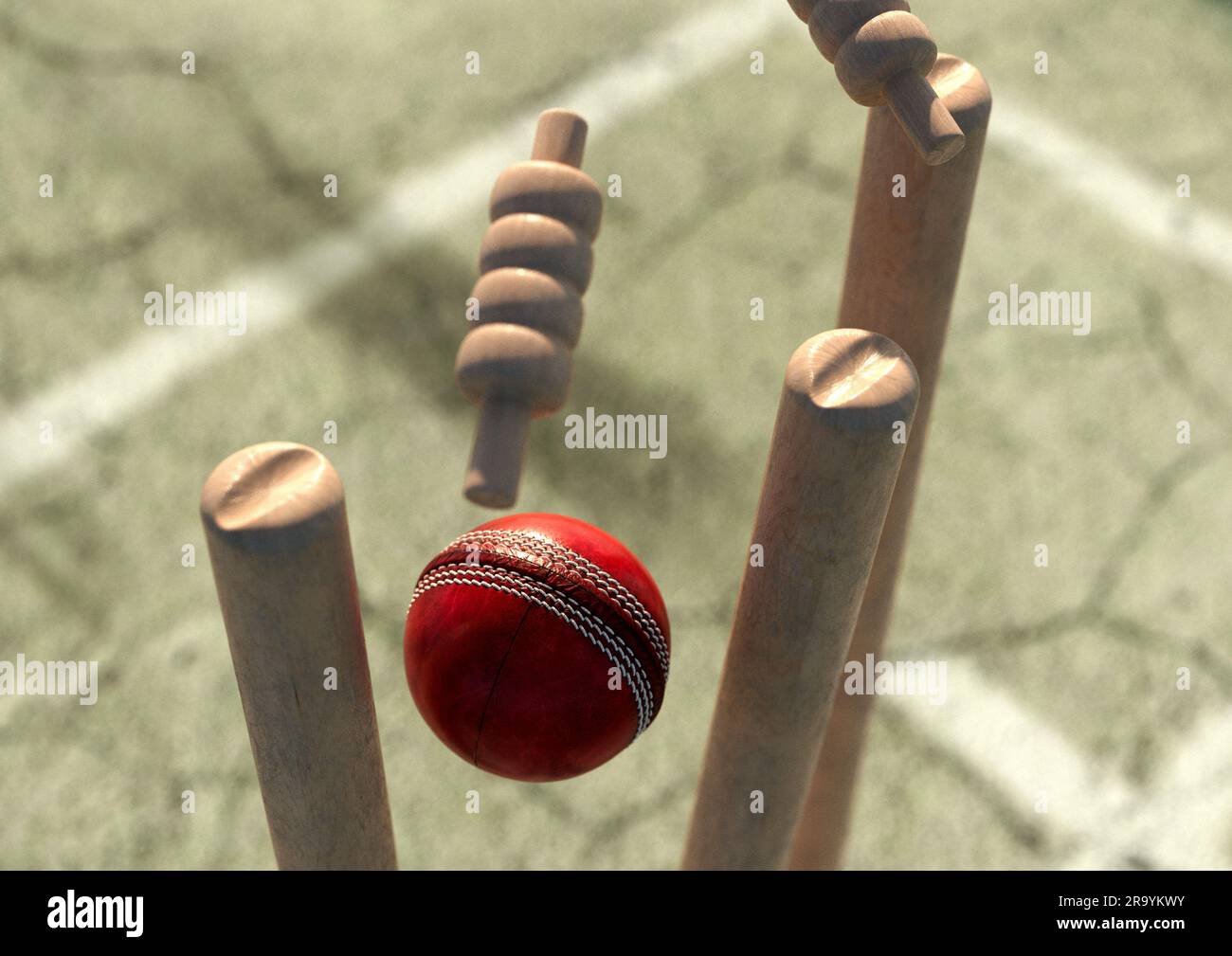 Ein roter Cricket-Ball mit Holzkricket-Wickets mit beweglichen Grillen am Tageshimmel – 3D-Rendering Stockfoto