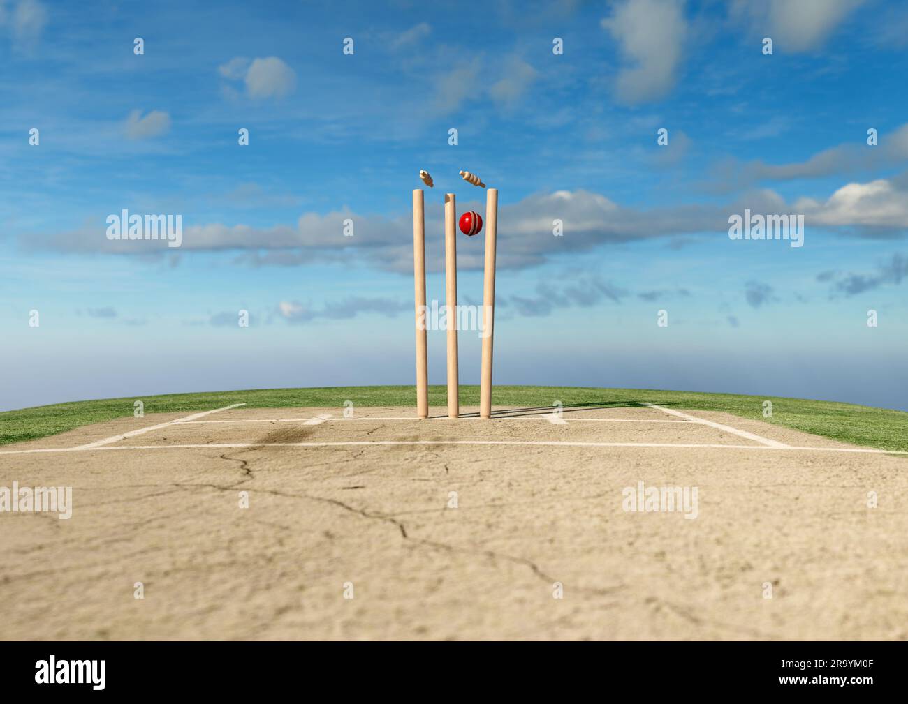 Ein roter Cricket-Ball mit Holzkricket-Wickets mit beweglichen Grillen am Tageshimmel – 3D-Rendering Stockfoto