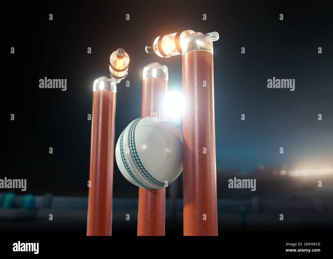 Eine weiße Cricketkugel trifft orangefarbene elektronische Cricketkugel mit versetzenden Bügeln und leuchtenden LED-Lichtern am Nachthimmel – 3D rende Stockfoto