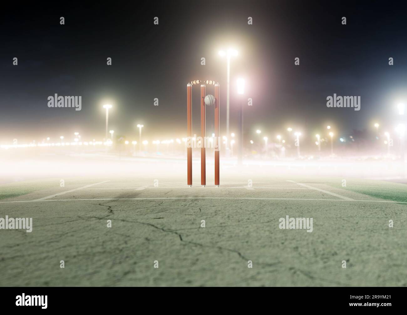 Eine weiße Cricketkugel trifft orangefarbene elektronische Cricketkugel mit versetzenden Bügeln und leuchtenden LED-Lichtern am Nachthimmel – 3D rende Stockfoto