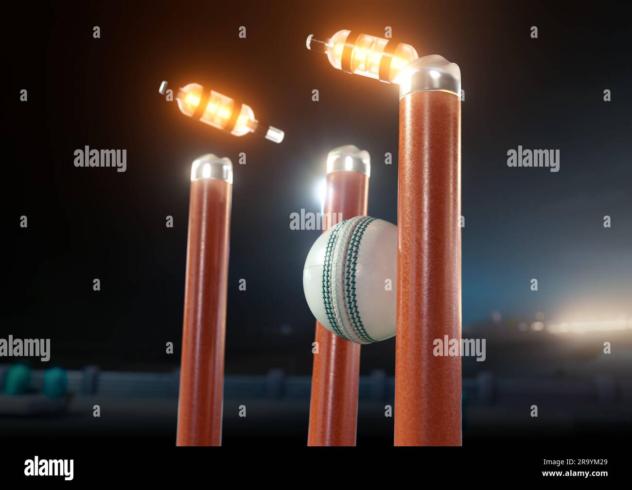 Eine weiße Cricketkugel trifft orangefarbene elektronische Cricketkugel mit versetzenden Bügeln und leuchtenden LED-Lichtern am Nachthimmel – 3D rende Stockfoto