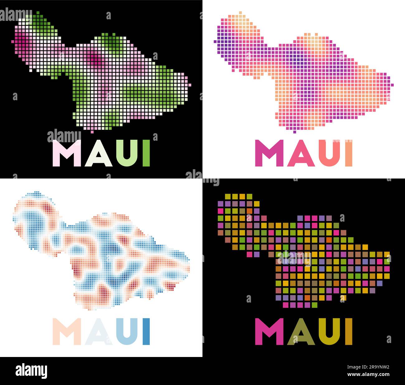Maui-Karte. Kartensammlung von Maui im gepunkteten Stil. Die Inselgrenzen sind mit Rechtecken für Ihr Design gefüllt. Vektordarstellung. Stock Vektor