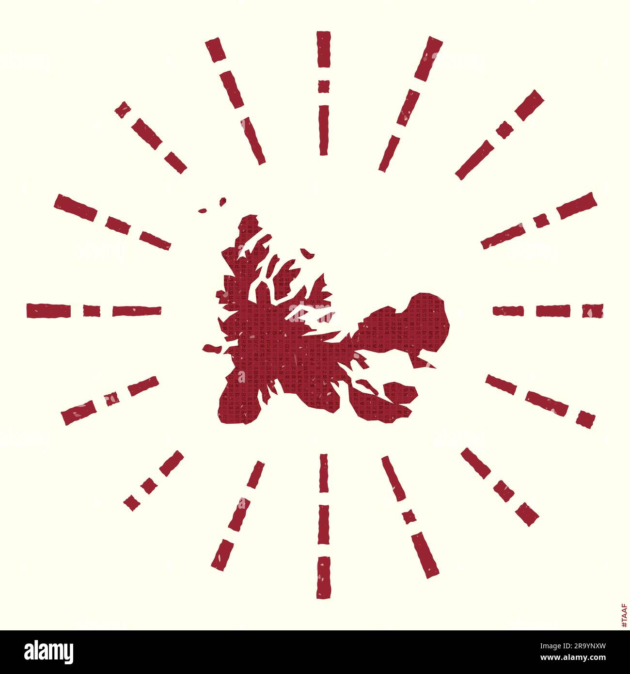 TAAF-Logo. Grunge Sunburst Poster mit Landkarte. Form des TAAF gefüllt mit Hexziffern und umgebenden Sonnenstrahlen. Elegante Vektordarstellung Stock Vektor