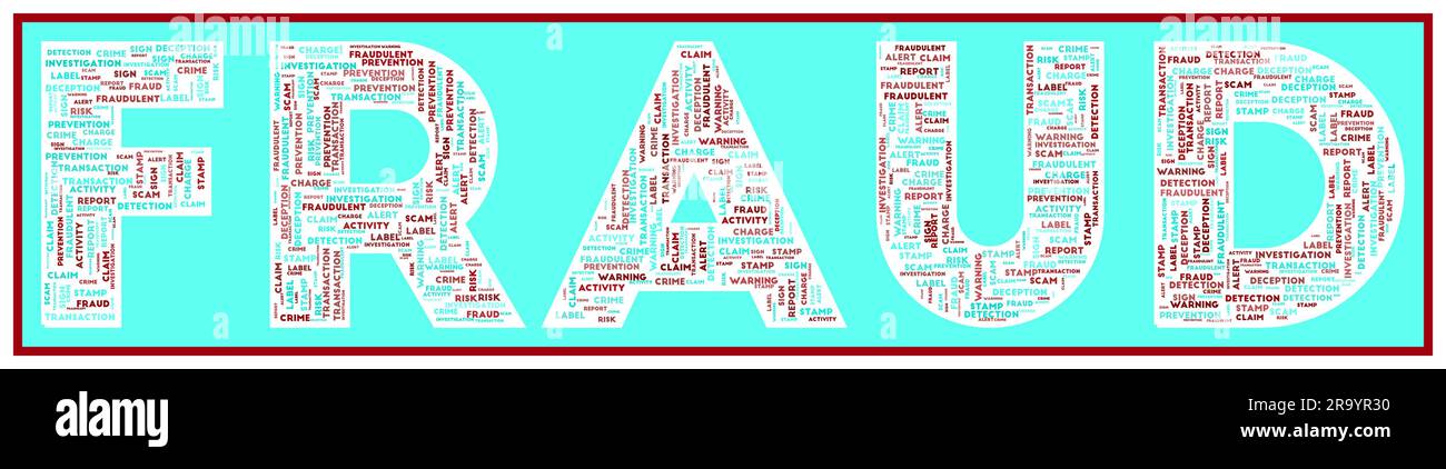 BETRÜGERUNGSTEXT mit zugehörigen Schlüsselwörtern verschiedener Größen. Betrügereien. Attraktive Vektordarstellung. Stock Vektor