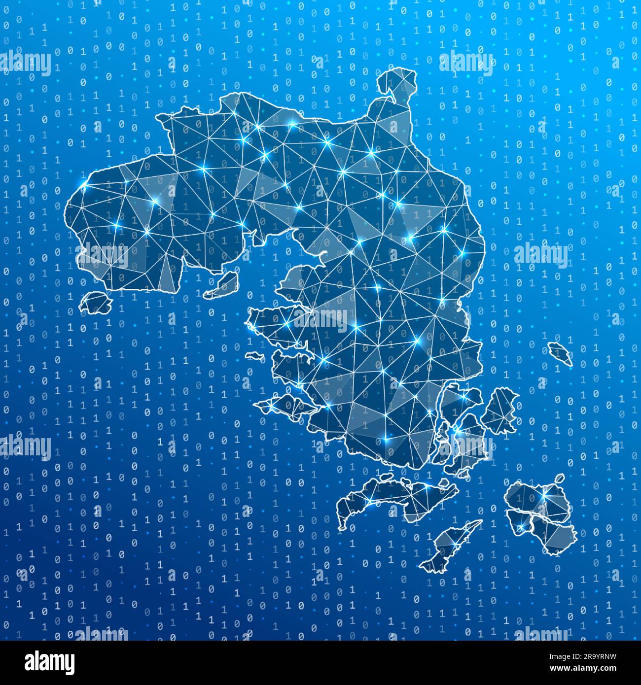 Netzwerkkarte der Insel Bintan. Karte der digitalen Verbindungen der Insel. Technologie, Internet, Netzwerk, Telekommunikationskonzept. Vektordarstellung. Stock Vektor