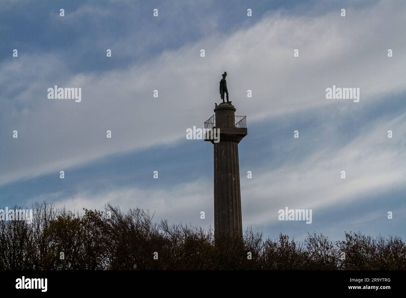 Oben auf dem Marquess of Anglesey's Column Llanfairpg, Anglesey, North Wales, Landschaft. Stockfoto