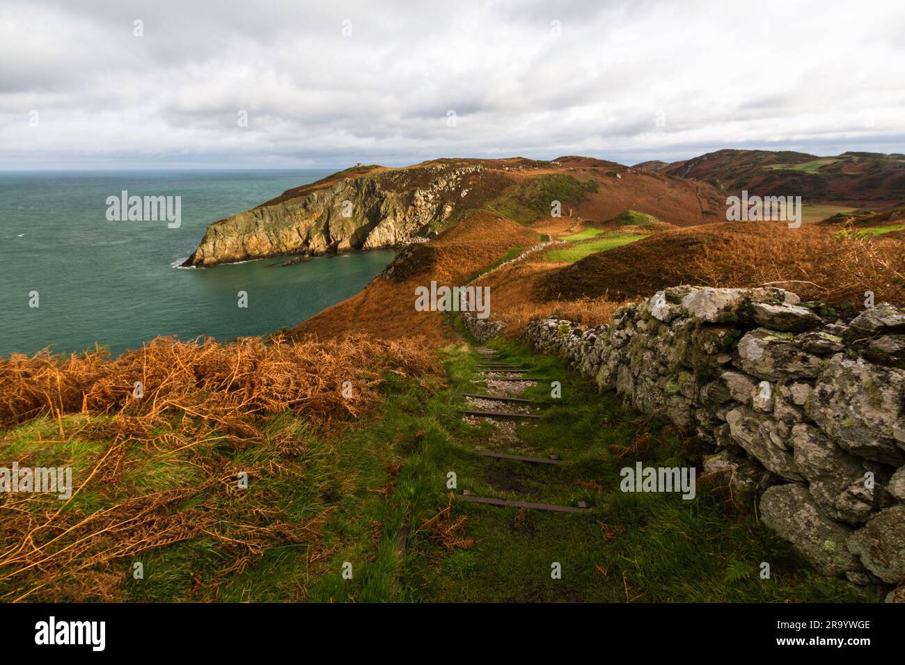 Anglesey North Coastal Path, Wales. Herbst- oder Herbstpfad mit Überresten von trockenen Steinmauern und Meer in der Ferne, Landschaft, Weitwinkel Stockfoto