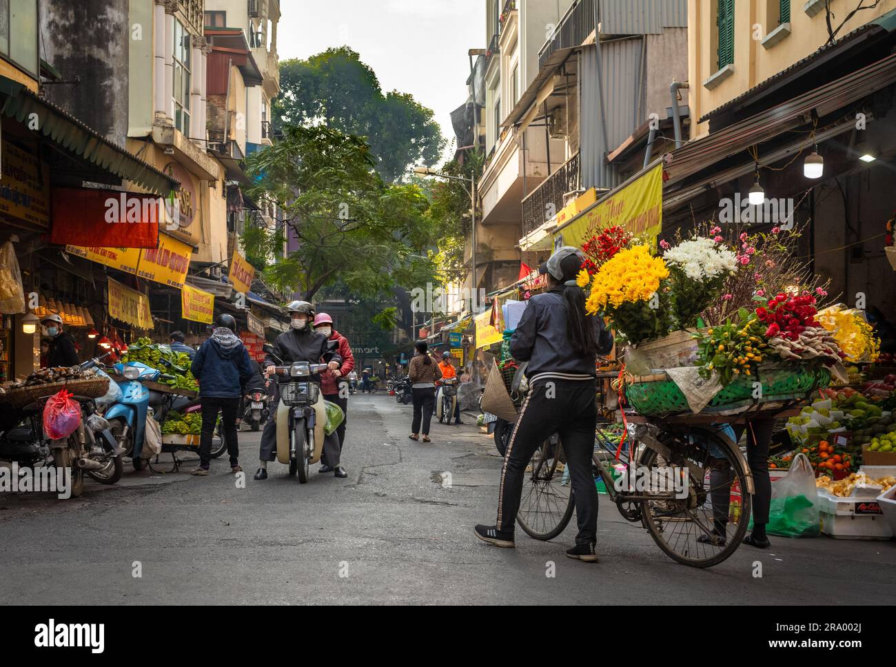 Eine Blumenverkäuferin schiebt ihr beladenes Fahrrad an Geschäften in Cau Go vorbei, innerhalb der Altstadt von Hanoi, Vietnam. Stockfoto