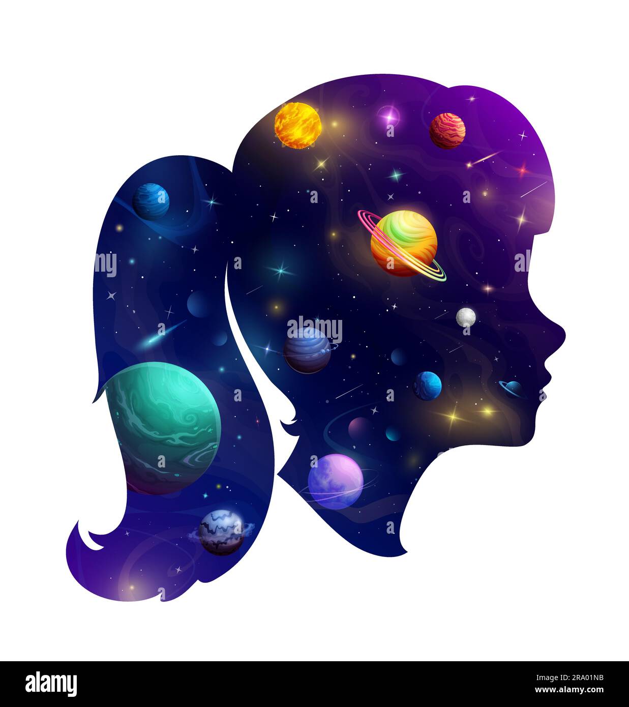 Mädchenkopf-Silhouette mit Cartoon-Galaxie-Raum. Doppelbelichtung. Bezauberndes weibliches Vektorgesichtsprofil mit faszinierender Schönheit des Kosmos mit Sternen, Planeten, Nebel und Kometen in ihrem Kopf Stock Vektor