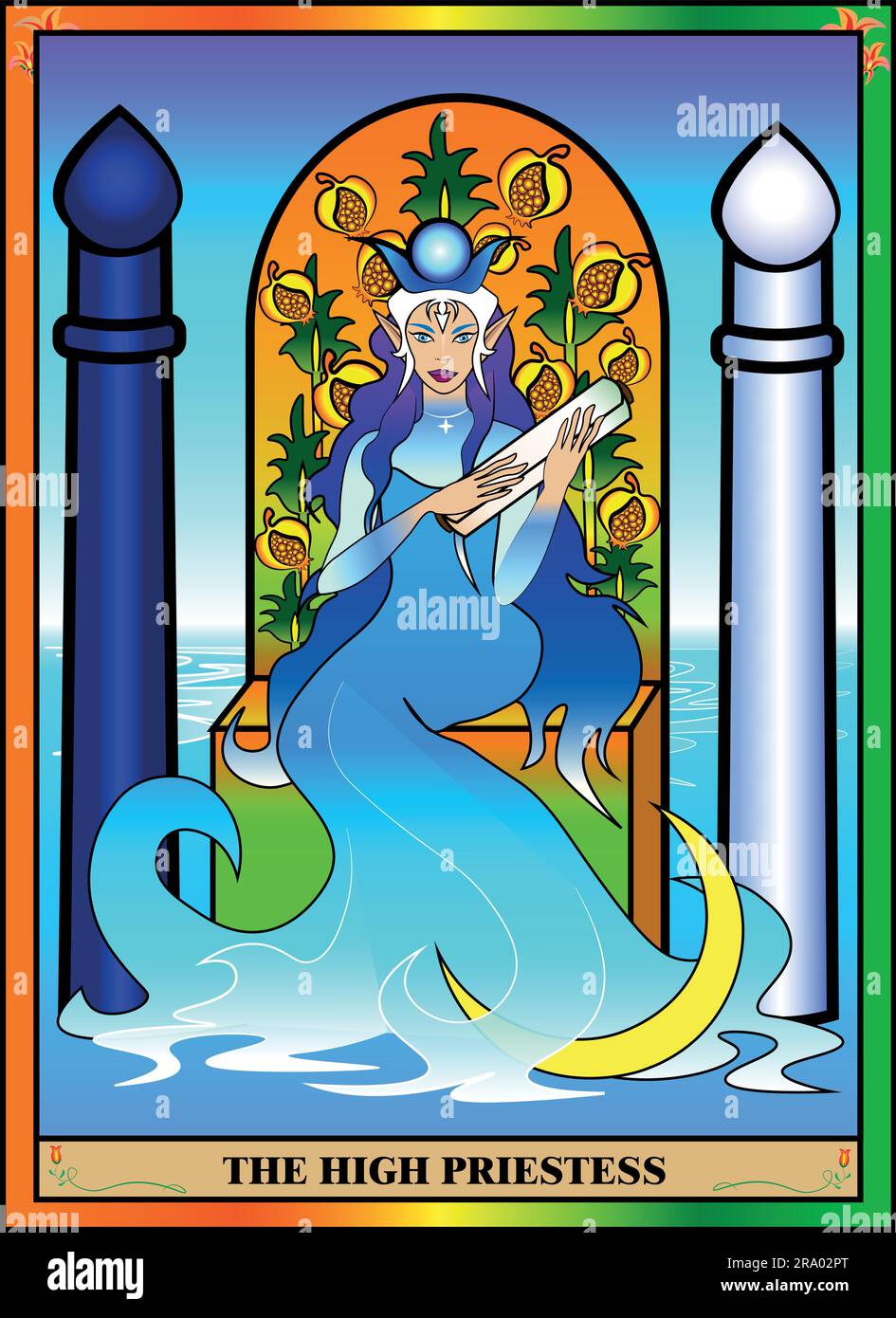 Die Tarotkarte ist die Hohepriesterin. Die Priesterin sitzt auf einem Thron aus Früchten und kommandiert die Elemente des Wassers und die Macht des Mondes. Priesterin h Stock Vektor