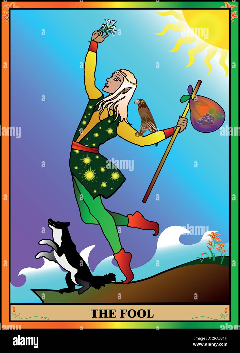 Tarot-Karten-Narr. Der Jester Elf geht mit seinem treuen Freund, dem Hund an seiner Seite, auf eine neue Lebensstraße. Die Erfahrung des Lebens hilft in allem. Stock Vektor