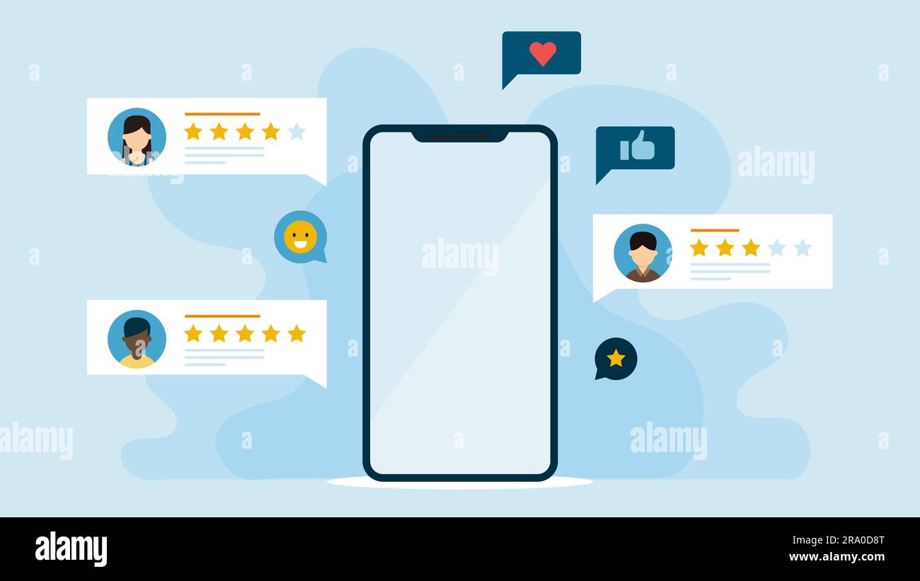 Smartphone mit Bewertung durch Kunden und sozialen Symbolen. Mobile mit Popup-Symbol für App-Überprüfung Stock Vektor