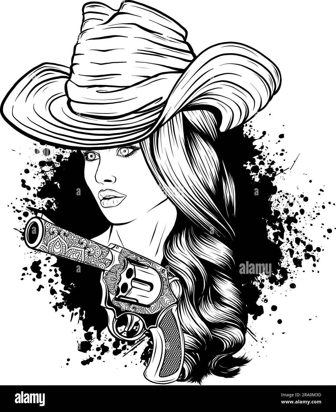 vector Cowgirl in Schwarz-Weiß-Umrissen Stock Vektor