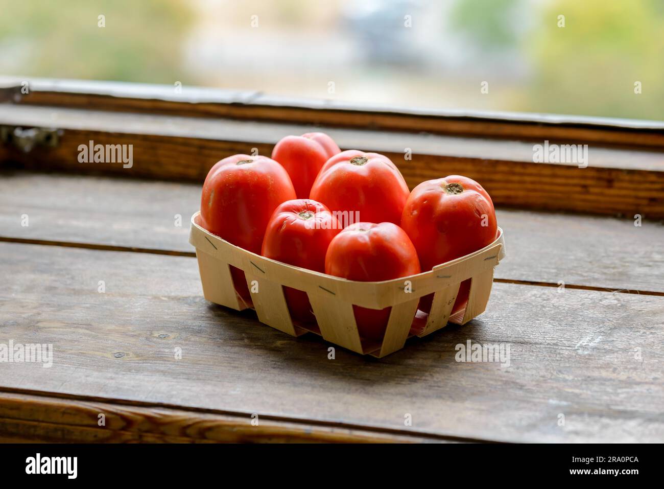 Sechs rote natürliche Tomaten in einer kleinen Kiste in der Nähe des Fensters Stockfoto