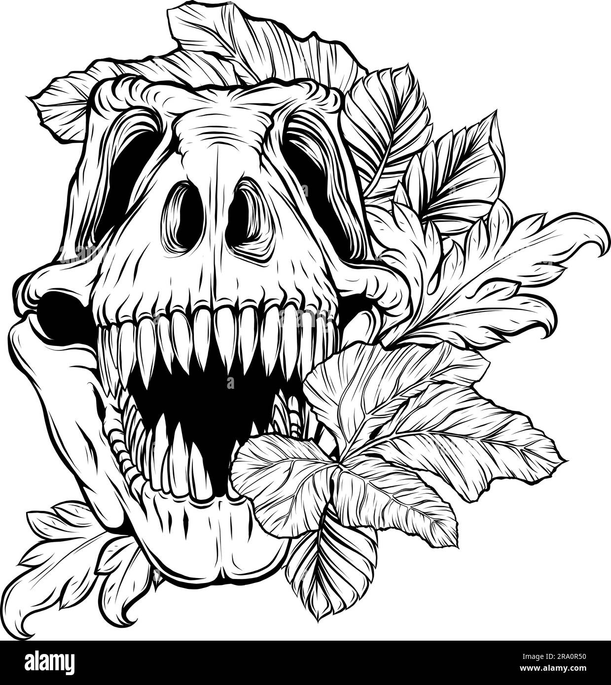 tyrannosaurus rex Dinosaurierkopf in schwarz-weißer Umrisszeichnung Stock Vektor