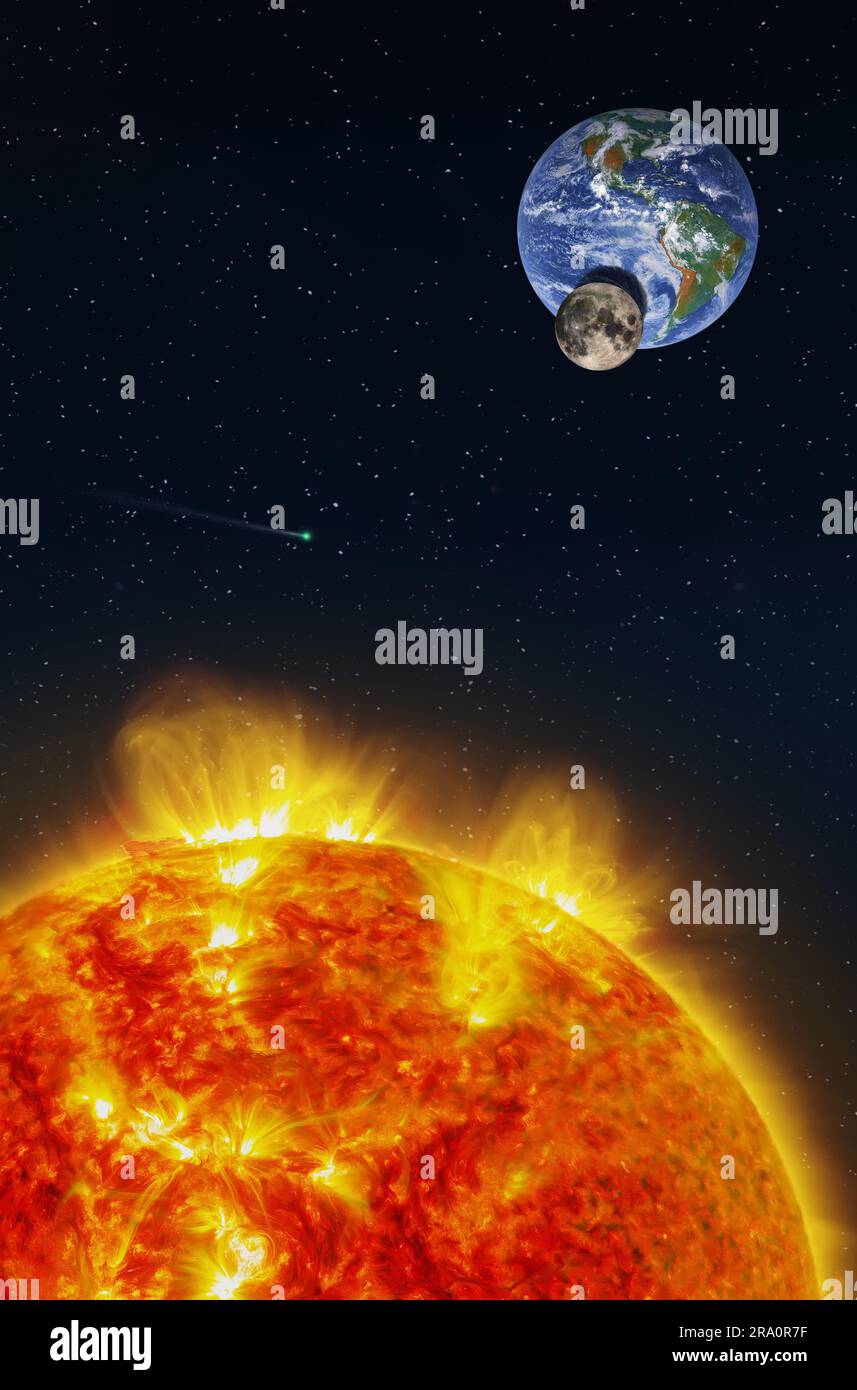 Fantasiezusammensetzung einer Sonnenfinsternis, die von der Sonne aus gesehen wird, während der Mond seinen Schatten auf den Planeten Erde projiziert. Ein Komet läuft in einem Sternenfeld. Stockfoto