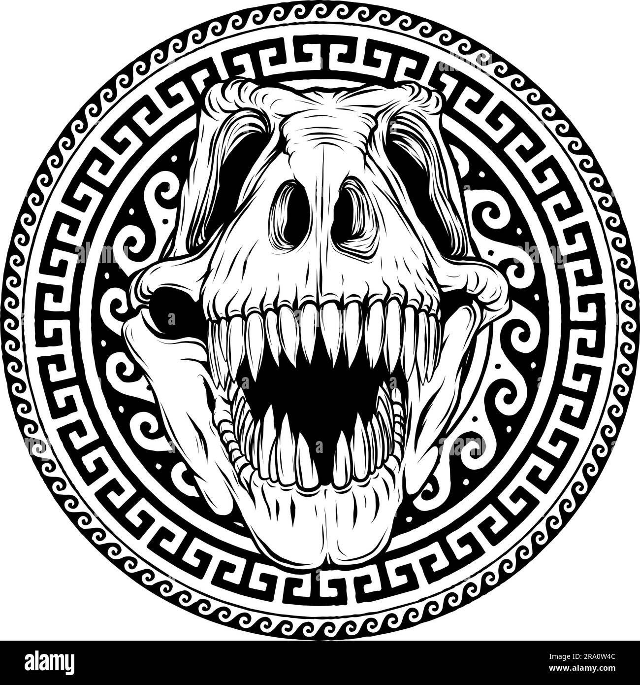 tyrannosaurus rex Dinosaurierkopf in schwarz-weißer Umrisszeichnung Stock Vektor