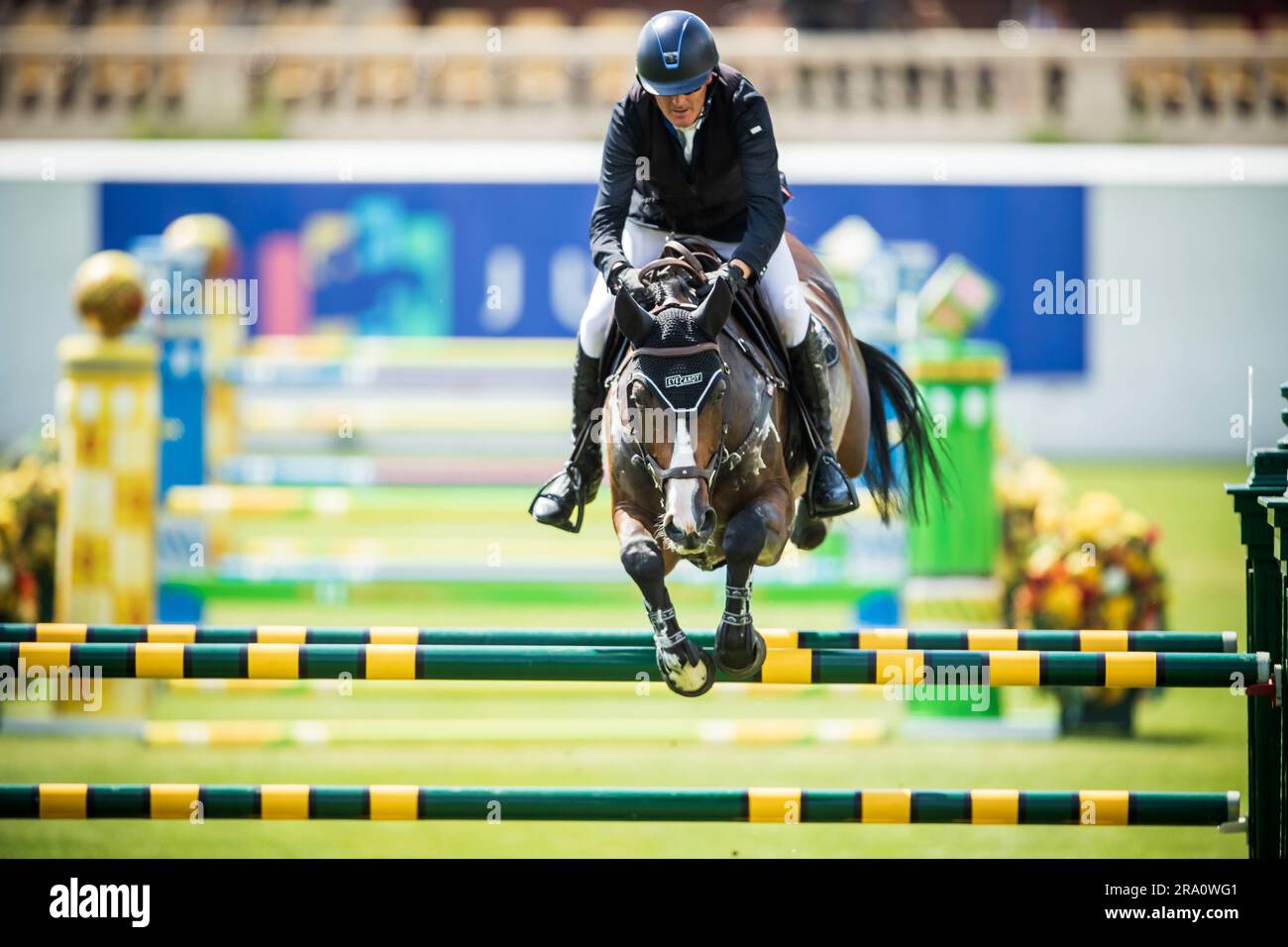 Paul O'Shea of Ireland nimmt am 29. Juni 2023 an der Pan American Show in Spruce Meadows in Calgary, Alberta, Kanada Teil. Stockfoto