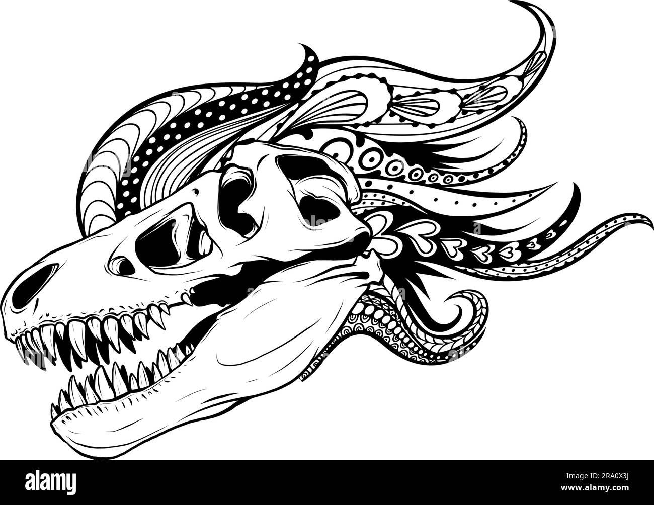 tyrannosaurus rex Dinosaurierkopf in schwarz-weißer Umrisszeichnung Stock Vektor