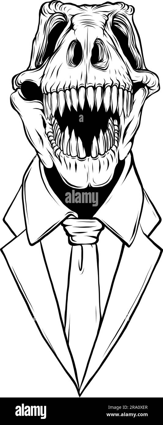 tyrannosaurus rex Dinosaurierkopf in schwarz-weißer Umrisszeichnung Stock Vektor