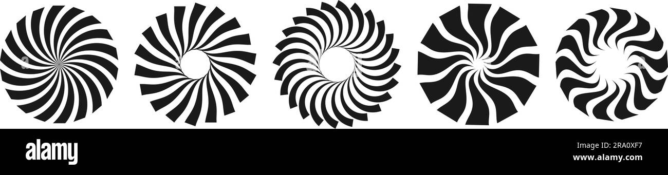 Schwarz-weiße Curl Sunburst Circle Kollektion. Stilisierte radiale rotierende Elemente. Geometrische runde verdrehte Strahlen, Balken oder Sternenbündel. Vektorbildkonzept für Banner, Abzeichen, Aufkleber, Poster Stock Vektor