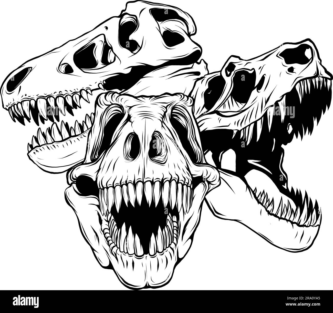 tyrannosaurus rex Dinosaurierkopf in schwarz-weißer Umrisszeichnung Stock Vektor