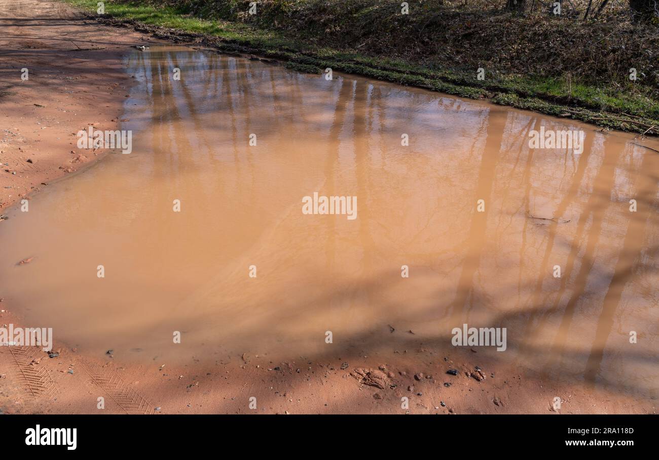 Große Pfütze mit braunem Regenwasser auf einer sandigen Straße in der Landschaft Stockfoto