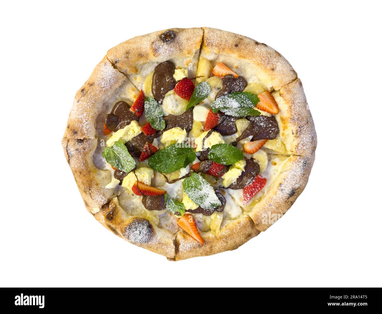 Obstpizza mit Schokolade, Ananas, Banane. Süße Pizza isoliert auf weißem Hintergrund. Draufsicht. Stockfoto