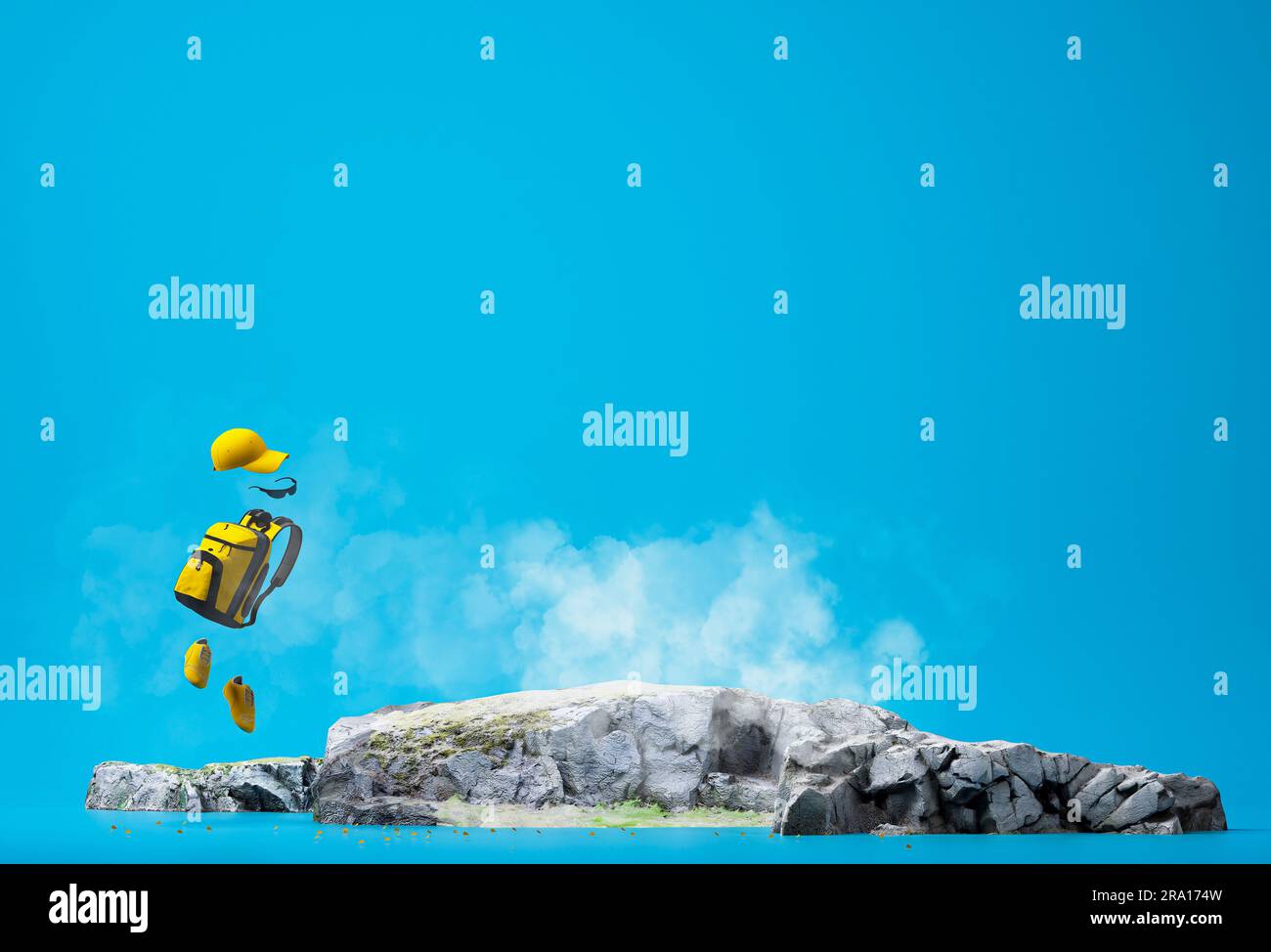 Reise- und Urlaubskonzepte, 3D Illustrationen von Felsen und Reiseausrüstung mit blauem Hintergrund. 3D-Rendering Stockfoto