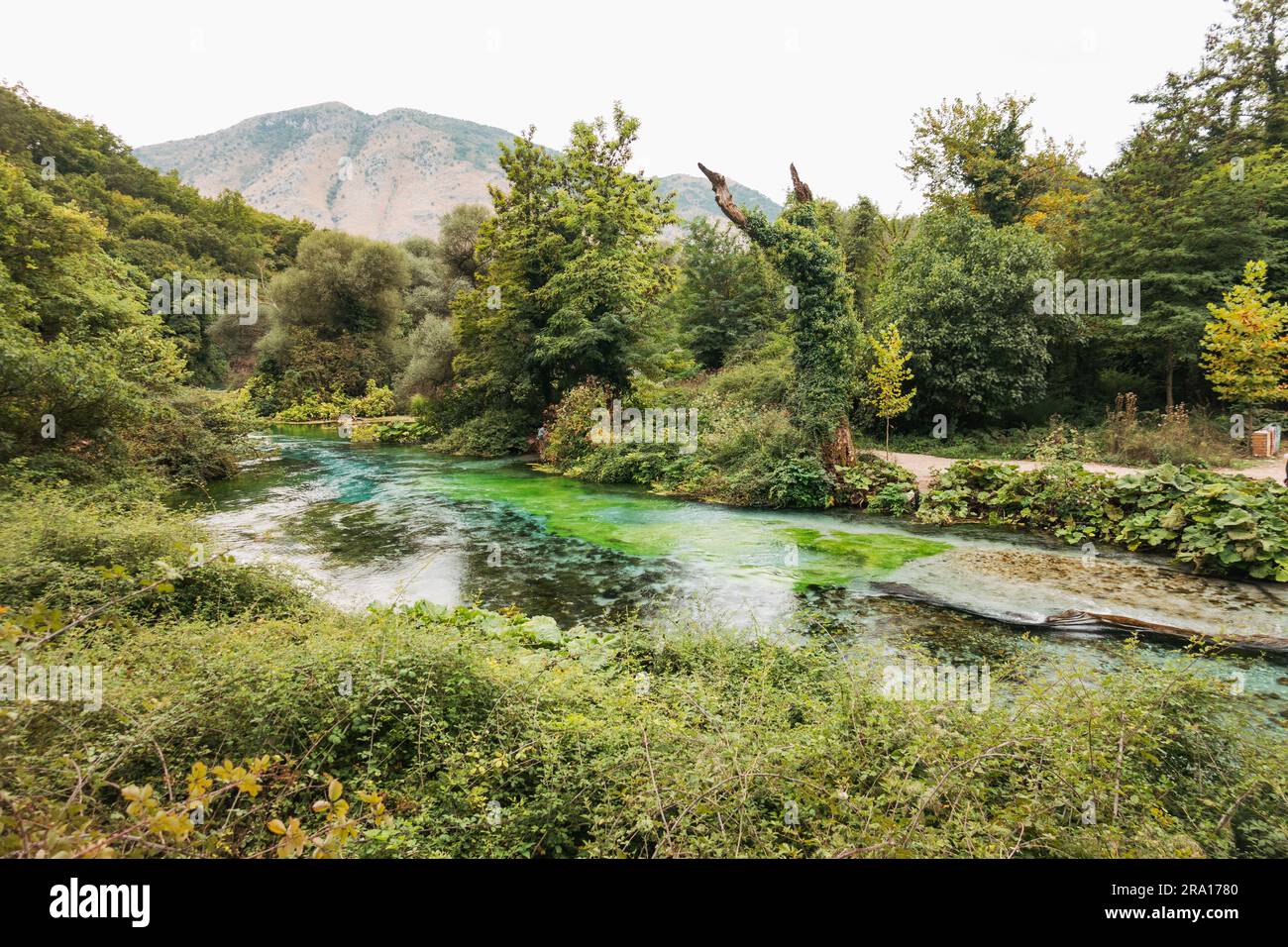 Das Blue Eye, eine natürliche Wasserquelle, die für ihre tiefblaue Farbe im Süden Albaniens berühmt ist und auch das Oberhaupt des Bistrica River ist Stockfoto