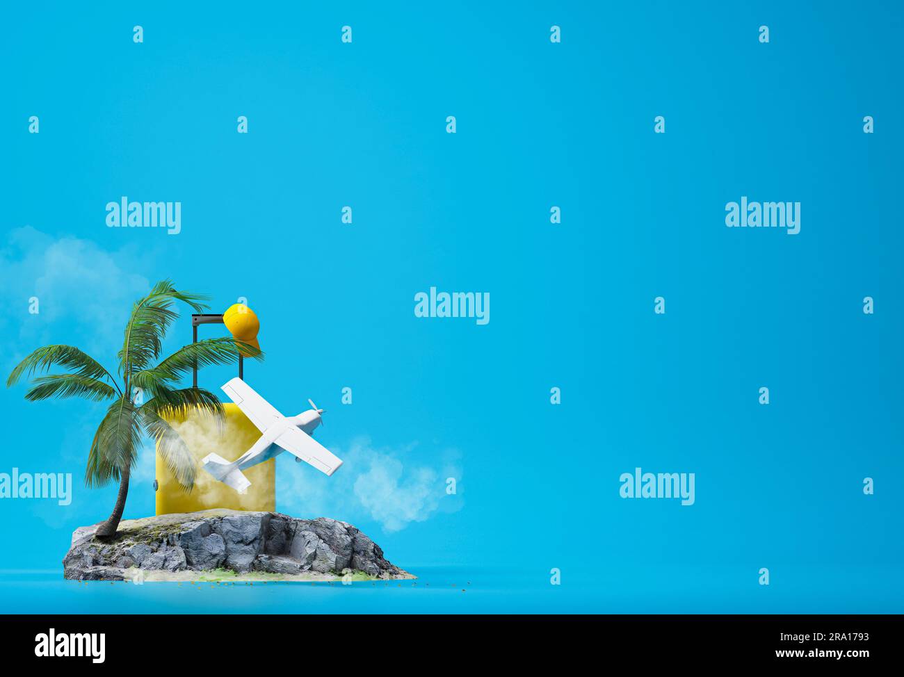 Reise- und Urlaubskonzepte, 3D Illustrationen von Felsen, Kokospalmen, Koffern und Flugzeugen mit blauem Hintergrund. 3D-Rendering Stockfoto