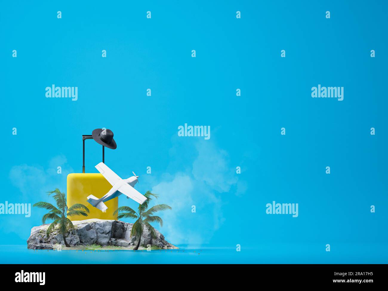 Reise- und Urlaubskonzepte, 3D Illustrationen von Felsen, Kokospalmen, Koffern und Flugzeugen mit blauem Hintergrund. 3D-Rendering Stockfoto