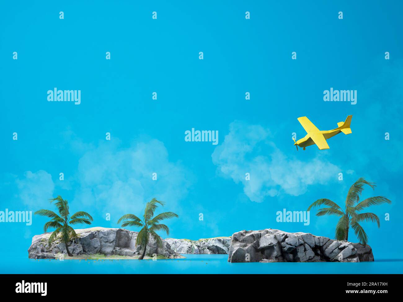 Reise- und Urlaubskonzepte, 3D Illustrationen von Insel, Kokospalmen und Flugzeugen mit blauem Hintergrund. 3D-Rendering Stockfoto