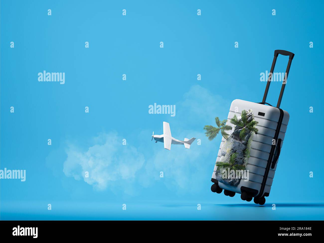 Reise- und Urlaubskonzepte, 3D Illustrationen von Koffern, Inseln und Flugzeugen mit blauem Hintergrund. 3D-Rendering Stockfoto