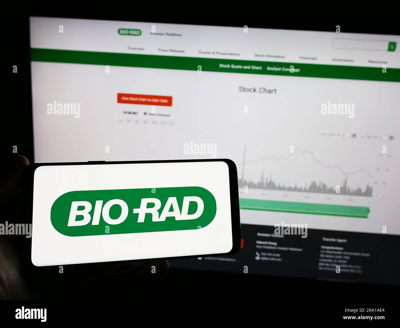 Person, die ein Mobiltelefon mit dem Logo des amerikanischen Unternehmens Bio-Rad Laboratories Inc. Auf dem Bildschirm vor der Webseite hält. Konzentrieren Sie sich auf das Display des Telefons. Stockfoto