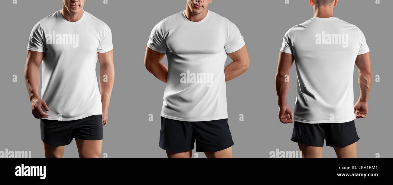 Modell eines weißen T-Shirts auf einem muskulösen Mann in Shorts, Hemd für das Fitnessstudio, Training, vorne, hinten, Isoliert im Hintergrund. Sportswear für einen Athleten. Gerinnsel Stockfoto