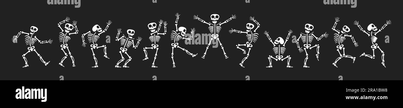 Skelette tanzen mit verschiedenen Positionen flaches Design Vektorbildungs-Set. Lustiger Tanz Halloween oder Day of the Dead Skeletons Sammlung. Stock Vektor