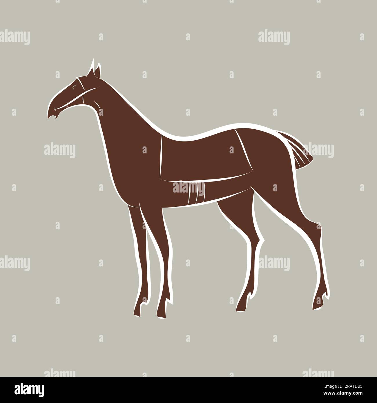Braunes, anmutiges, edles Pferd mit weißem Umriss. Mustang-Handzeichnung. Majestätische Tiersilhouette isoliert. Bay-Hengst-Anzug. Ein Rennpferd-Maskottchen Stock Vektor