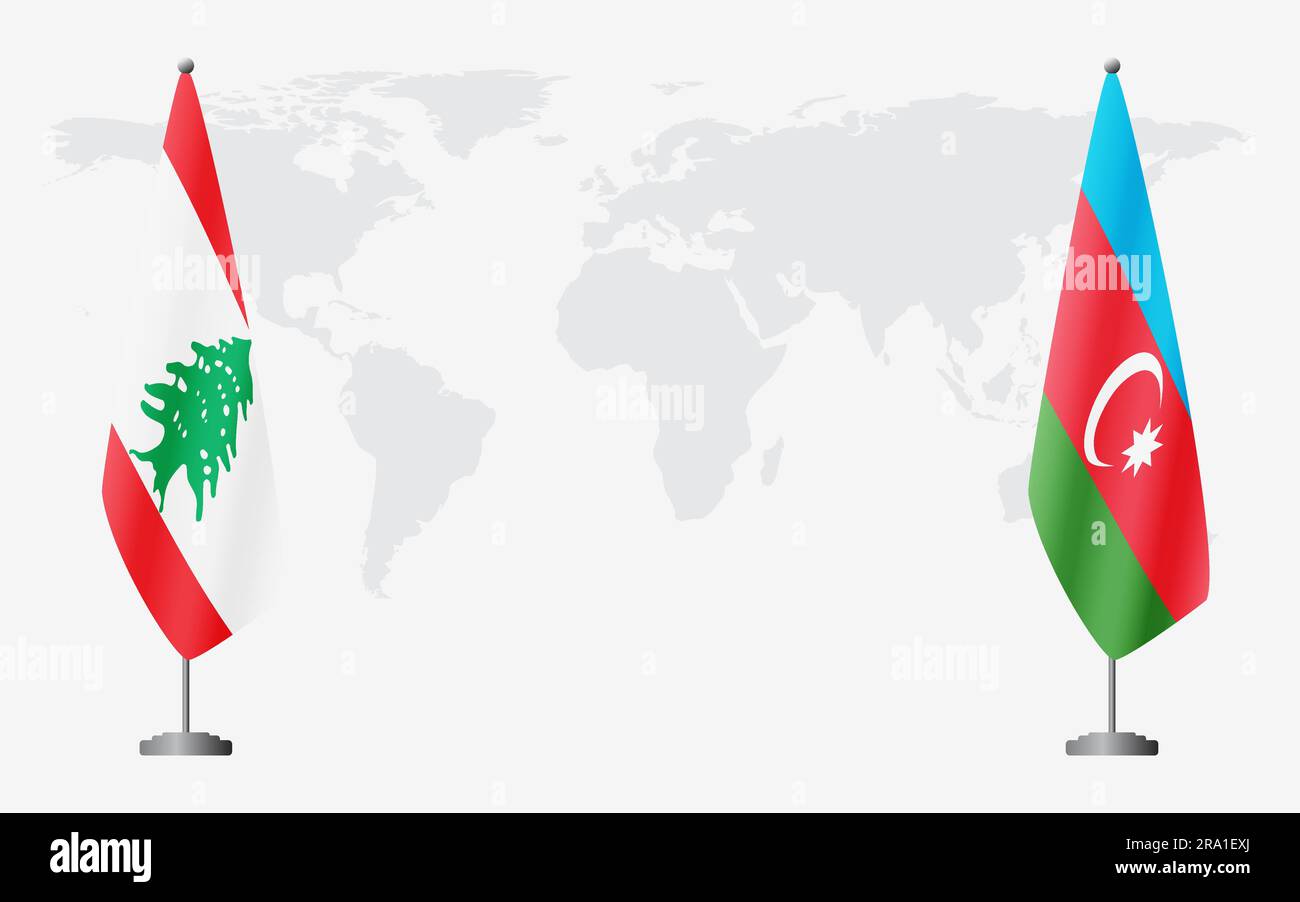 Libanesische und aserbaidschanische Flaggen für offizielles Treffen vor dem Hintergrund der Weltkarte. Stock Vektor