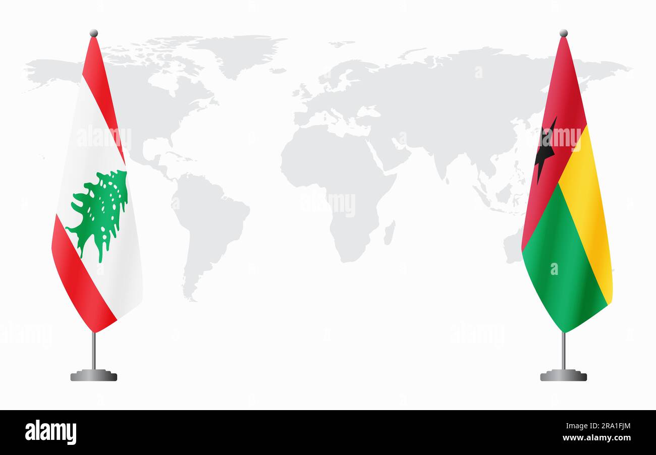 Libanesische und guinea-bissauische Flaggen für offizielle Treffen vor dem Hintergrund der Weltkarte. Stock Vektor
