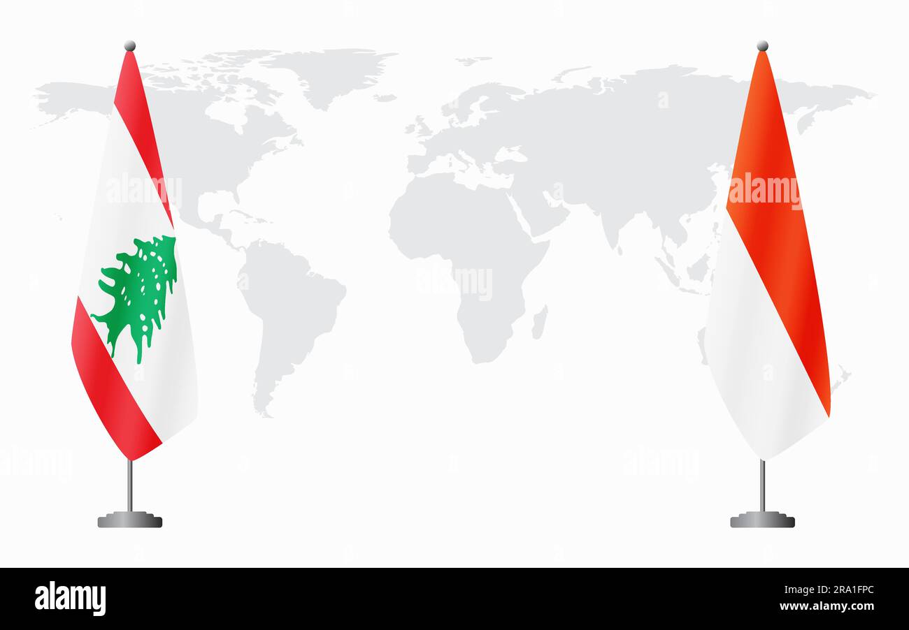 Libanesische und indonesische Flaggen für eine offizielle Tagung vor dem Hintergrund der Weltkarte. Stock Vektor