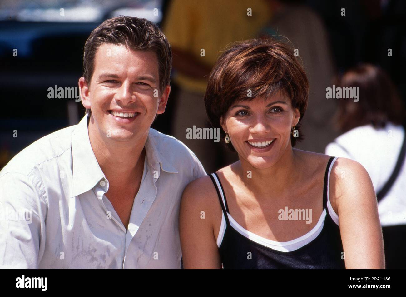 Markus Lanz, deutscher Moderator, mit Partnerin Birgit Schrowange im Urlaub, Deutschland um 1999. Stockfoto
