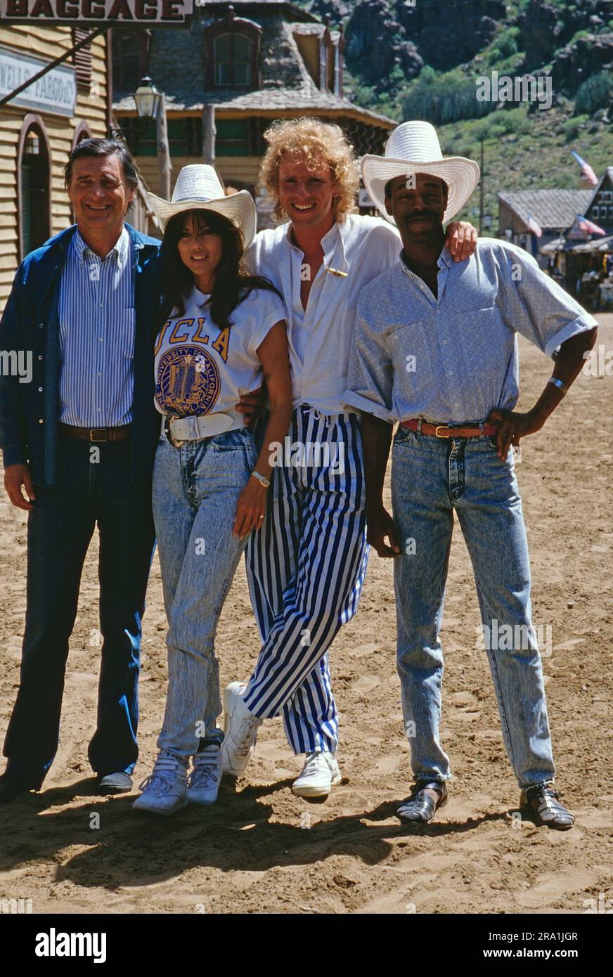 Zärtliche Chaoten 2, Dreharbeiten in den USA, 1988, mit den Darstellern: Helmut Fischer, Deborah Shelton, Thomas Gottschalk, Michael Winslow Stockfoto