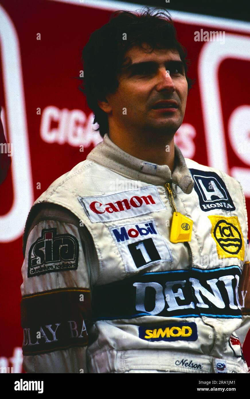 Nelson Piquet, Automobilrennfahrer aus Brasilien, Formel 1 Weltmeister, ab 1986 fährt er für das britische Rennsportteam Williams-Honda, Portrait von 1986. Stockfoto