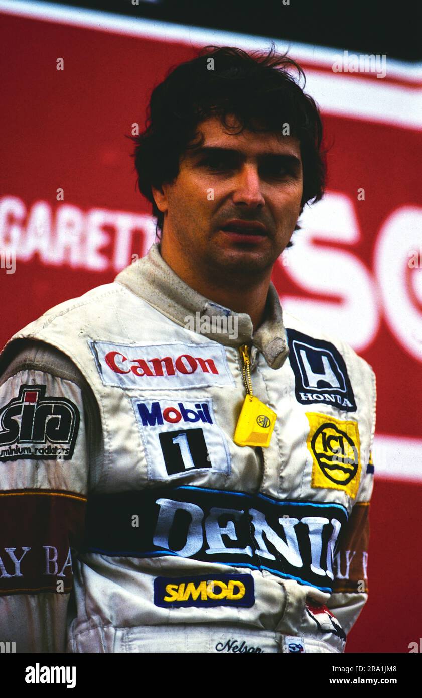 Nelson Piquet, Automobilrennfahrer aus Brasilien, Formel 1 Weltmeister, ab 1986 fährt er für das britische Rennsportteam Williams-Honda, Portrait von 1986. Stockfoto