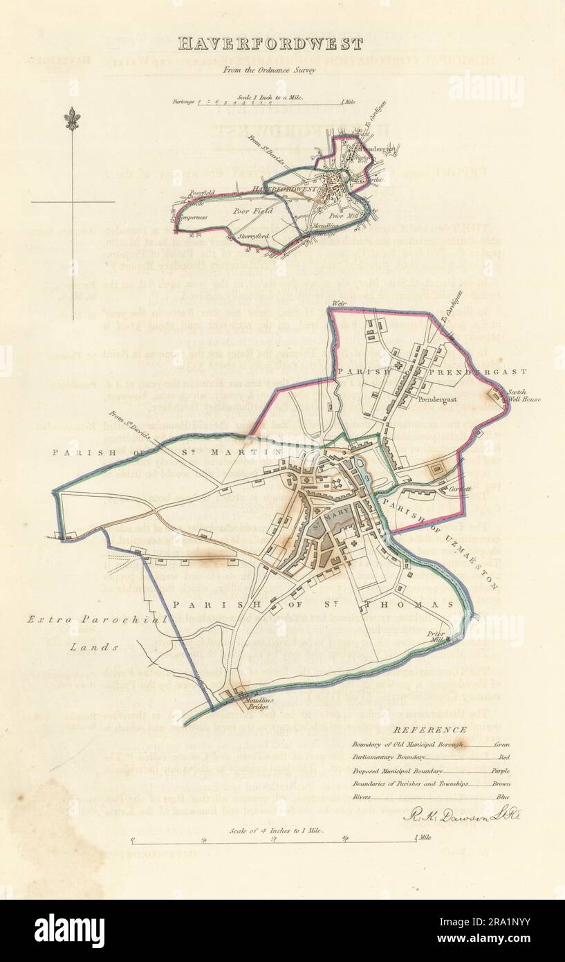 HAVERFORDWEST Gemeinde/Stadt planen. Grenzkommission. Wales. DAWSON 1837 Karte Stockfoto