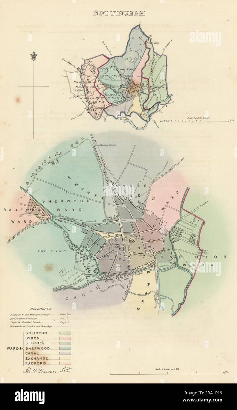 NOTTINGHAM Gemeinde/Stadt/Stadt zu planen. Grenzkommission. DAWSON 1837 alte Karte Stockfoto