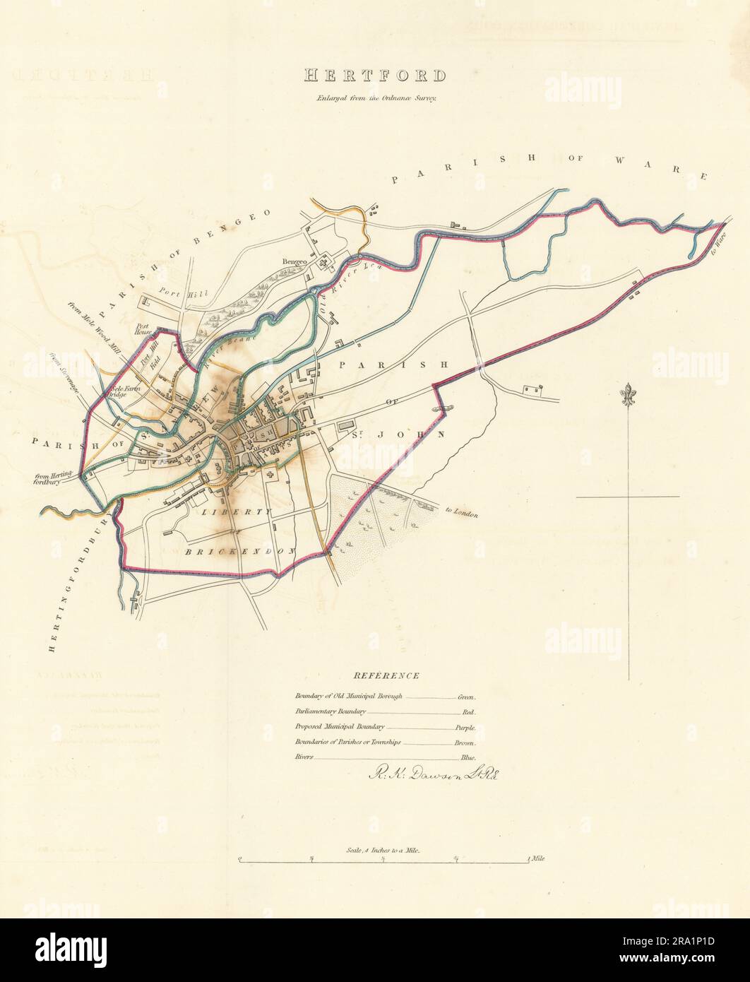 HERTFORD Stadt/Ort/Stadt zu planen. Grenzkommission. DAWSON 1837 alte Karte Stockfoto